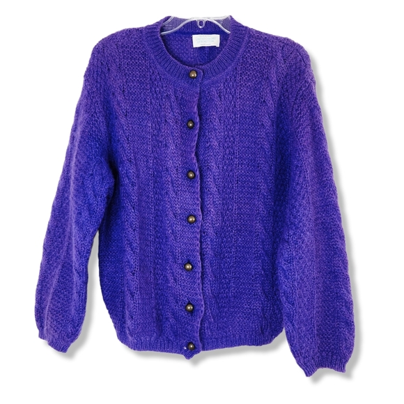 Vintage United Colors of Benetton Purple Button Front Mohair Wool Blend Cardigan